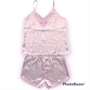 Vintage Diana Hand Embroidered Pink vintage satin intimates Set Shorts & top, M